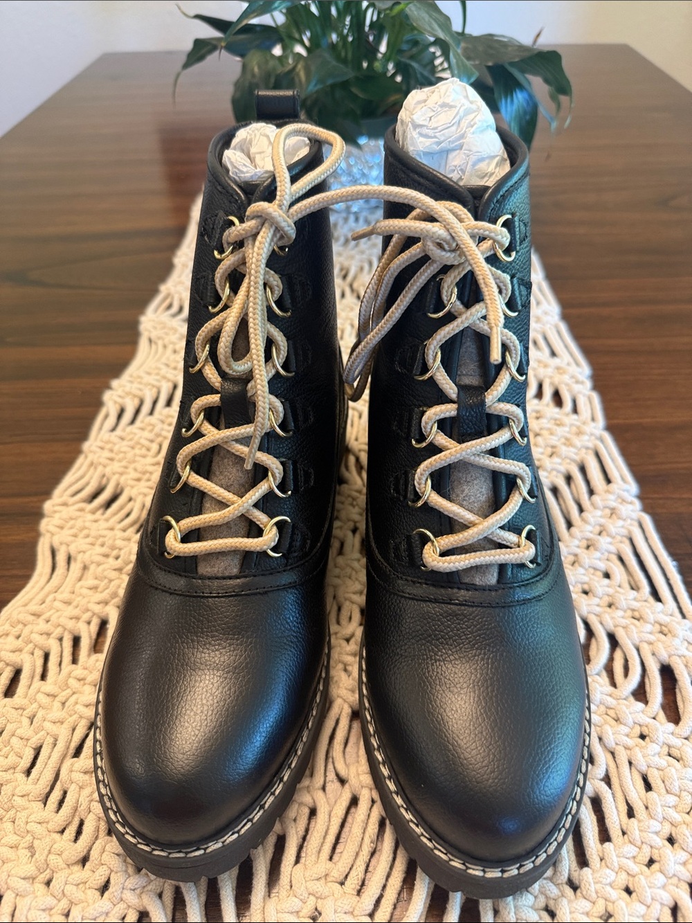 Crevo Black Lace-Up Women's Combat Boots with Contrasting Beige Laces